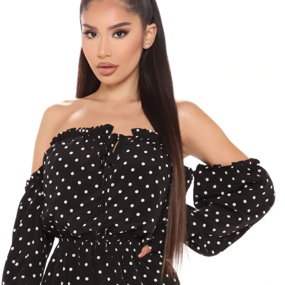 Fashion Nova Flow And Tie Off Shoulder Romper - Black/White Size XS